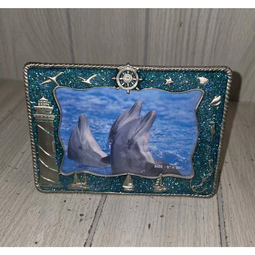 Pewter And Enamel Nautical Dolphins Picture Frame 3.5x 5 Lighthouse Seagulls